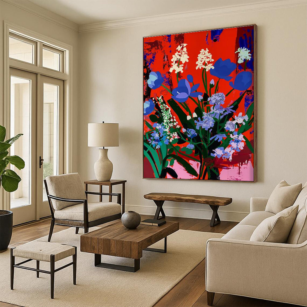 Blue and White Blooms on Red Abstract Flower Painting ADGE101