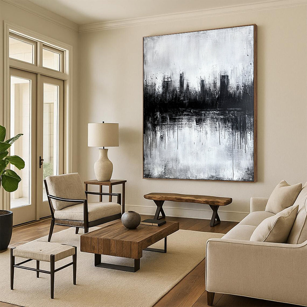 Large abstract painting featuring a city skyline reflection in water with textured gray tones evoking a serene and mysterious atmosphere.STSC025