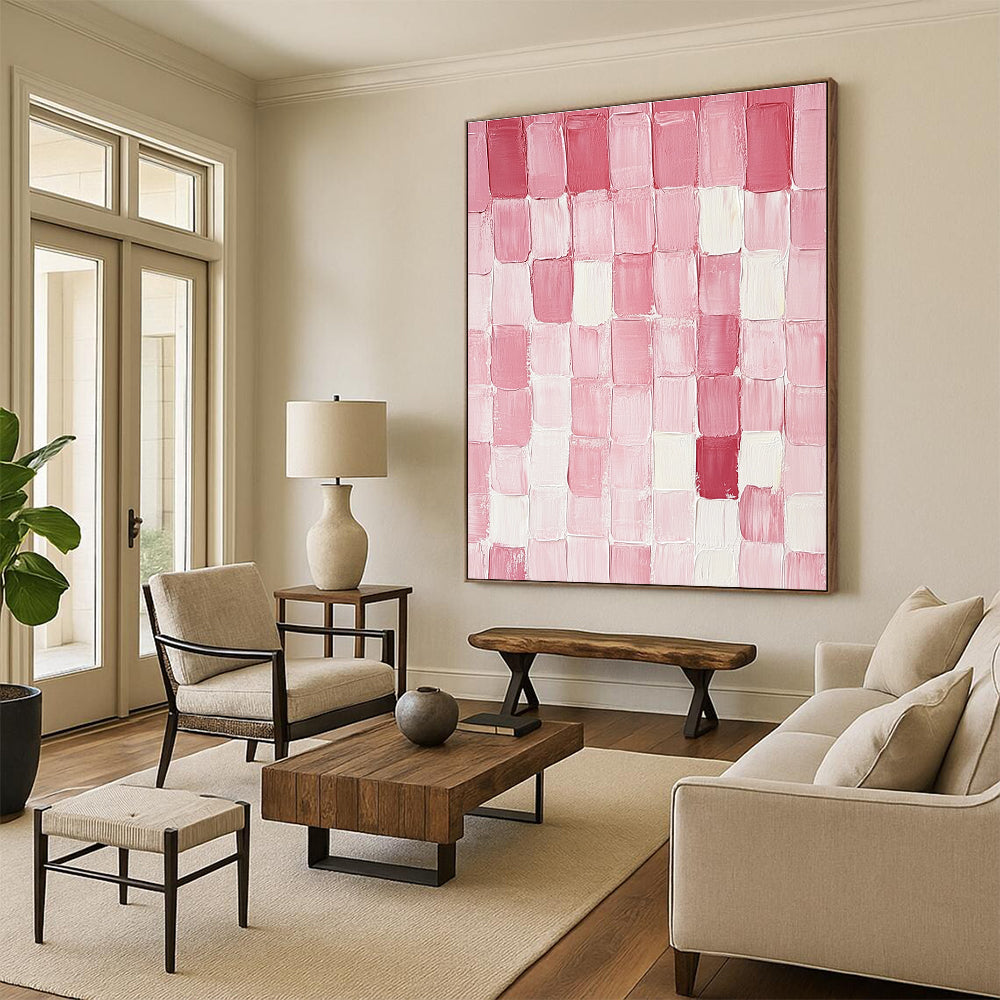 Large abstract painting featuring pink and glossy mottled rectangular blocks arranged on a pure white background with textured brushstrokes.STSC1411