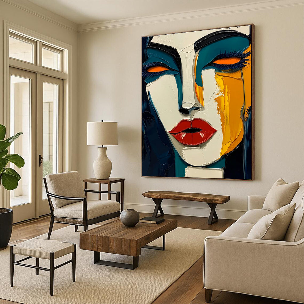 Large abstract painting in Picasso style featuring dark blue and yellow hues with bold red lips and green skin tone on a white background.STSC049