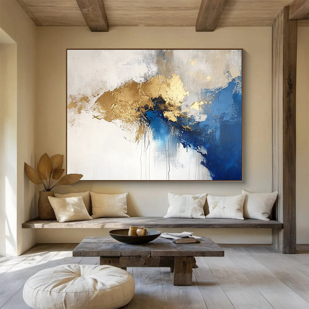 Blue Gold and White Abstract Painting with Fluid Shapes DYP183