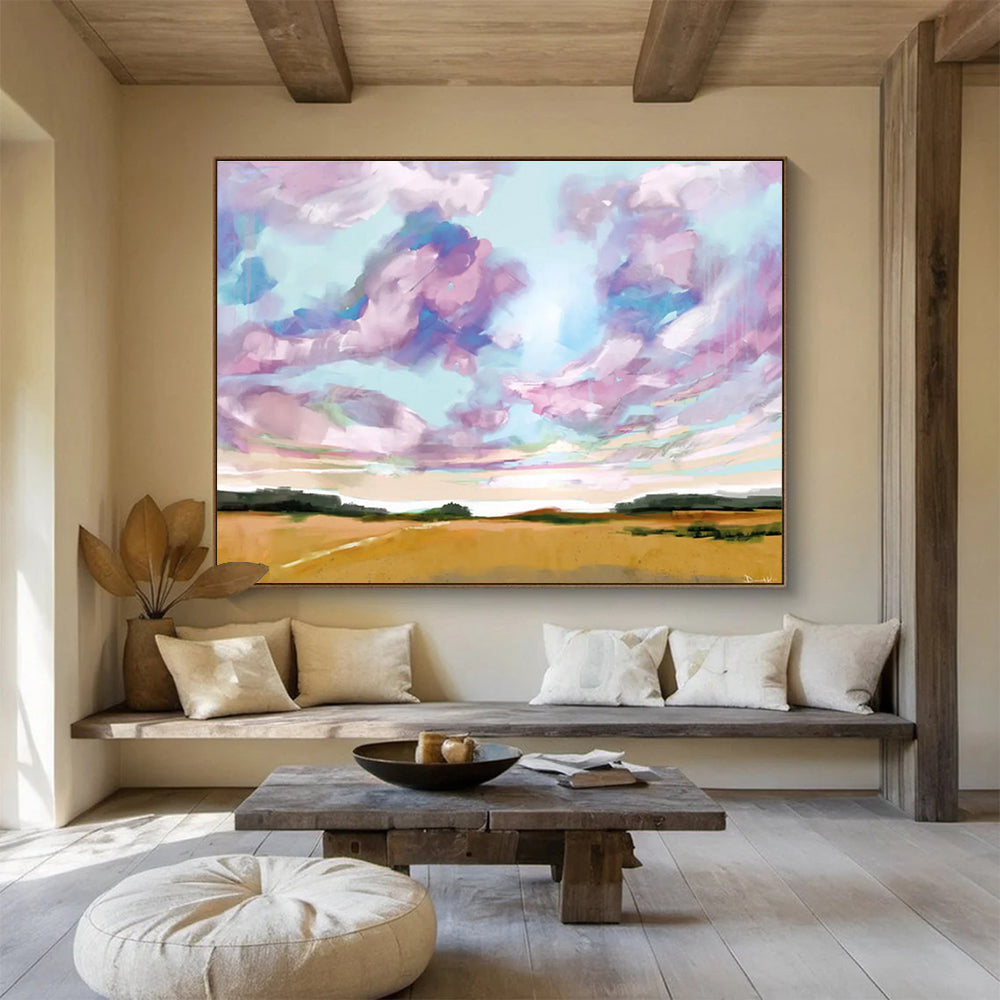 Sky and Field Abstract Painting with Colorful Clouds and Golden Fields THY149