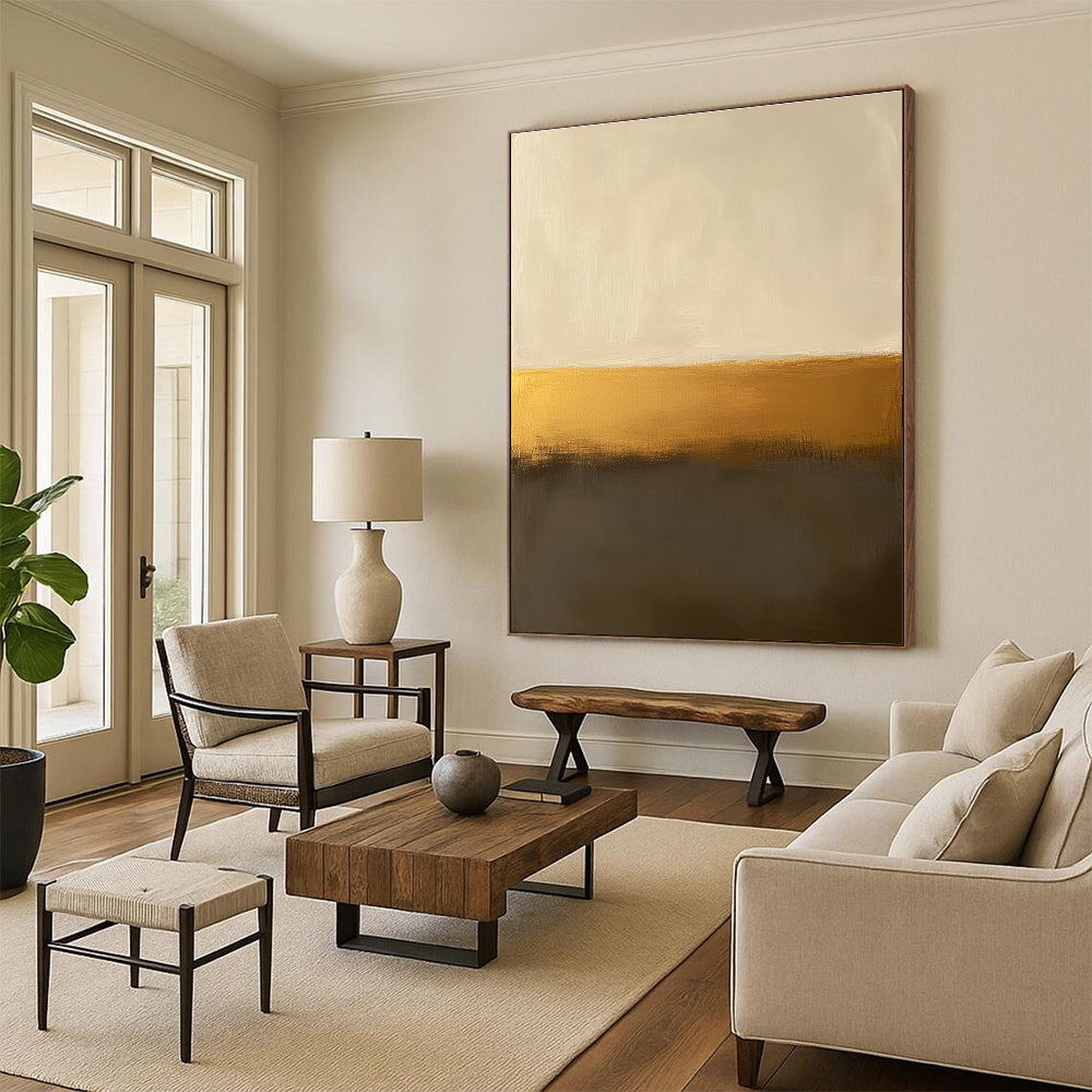 Large abstract painting in beige and gold, inspired by Mark Rothko's minimalist style, perfect for modern decor.STSC112