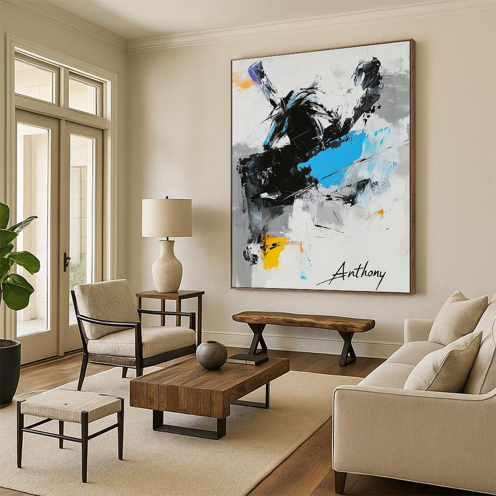 Large abstract painting featuring "Anthony" in black white and blue with a dynamic horse and signature Michael in the corner.STSC349