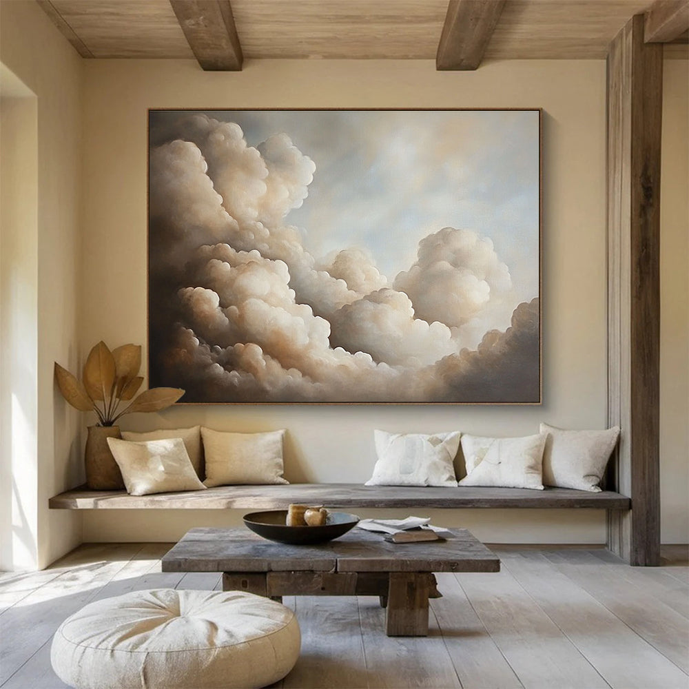 A large abstract oil painting featuring muted-colored clouds that evoke a serene atmosphere and invite deep contemplation.SC541