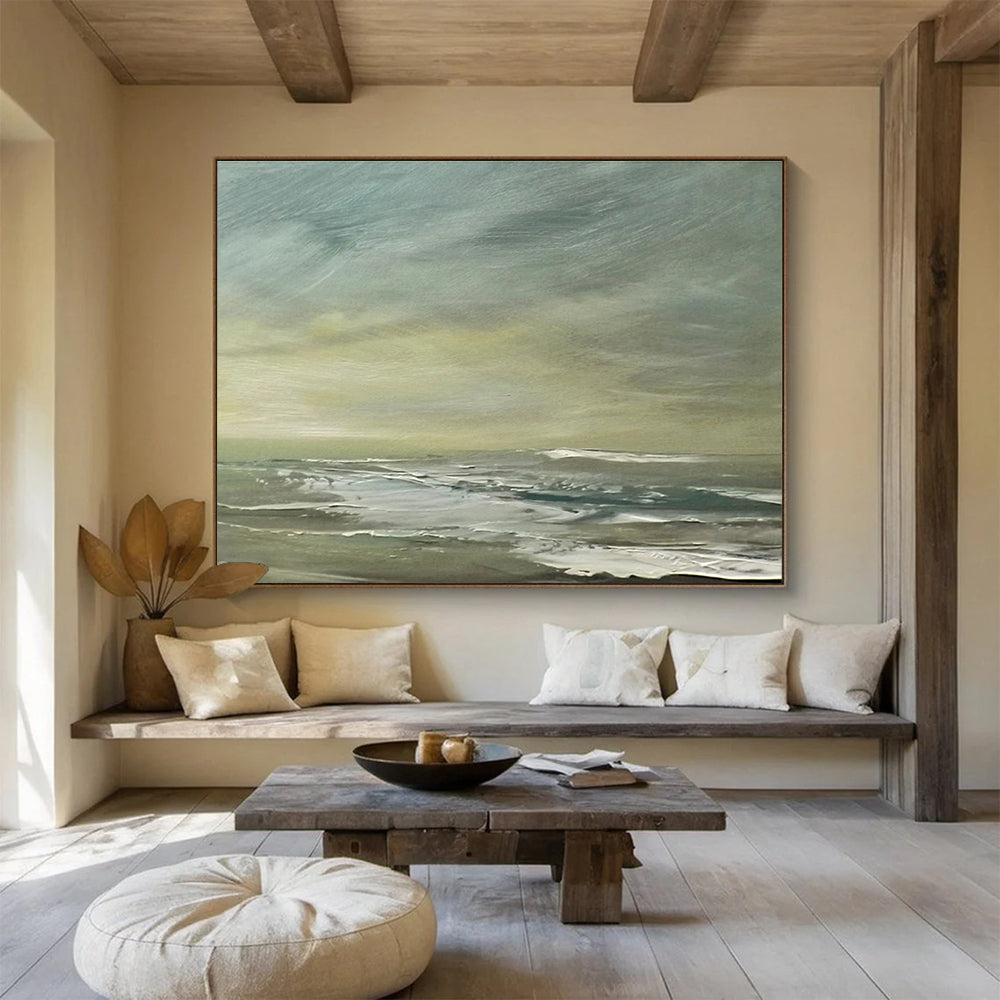 Muted Green Grey Sea Sky Abstract Painting THY026