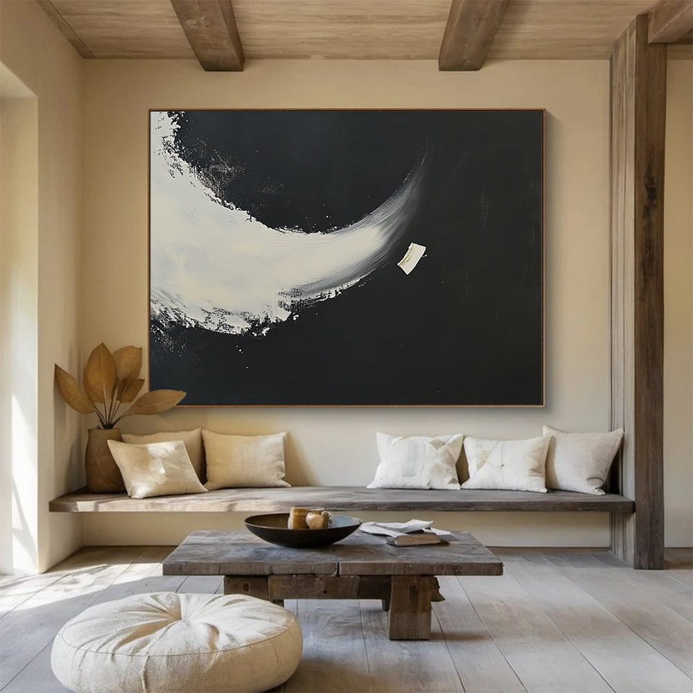 Black and White Crescent Abstract Painting with Bold Shapes DYP256