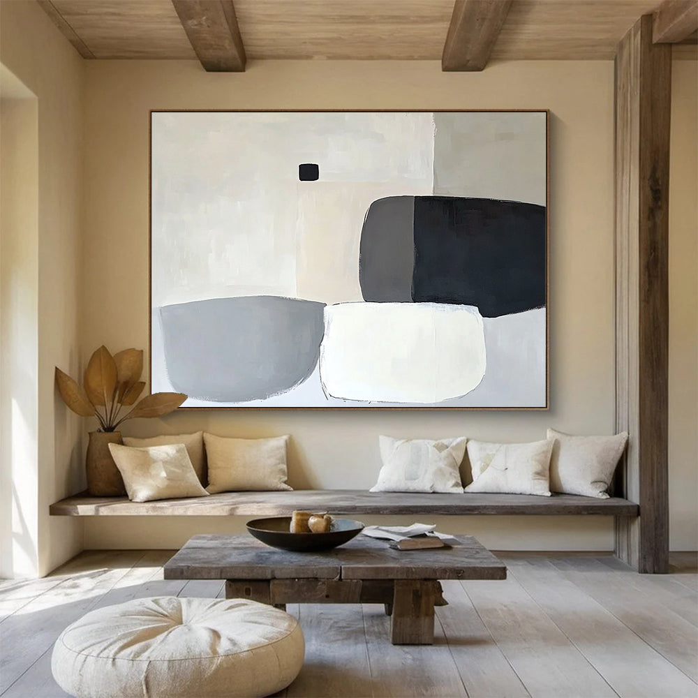 Geometric Shapes in Neutrals Abstract Painting with Gray Black and White Tones DYP586