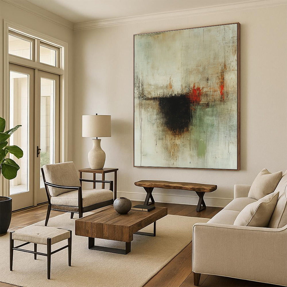 Large abstract painting with faded neutral tones and subtle red accents featuring a central dark brown spot and hints of green and earthy colors.STSC610