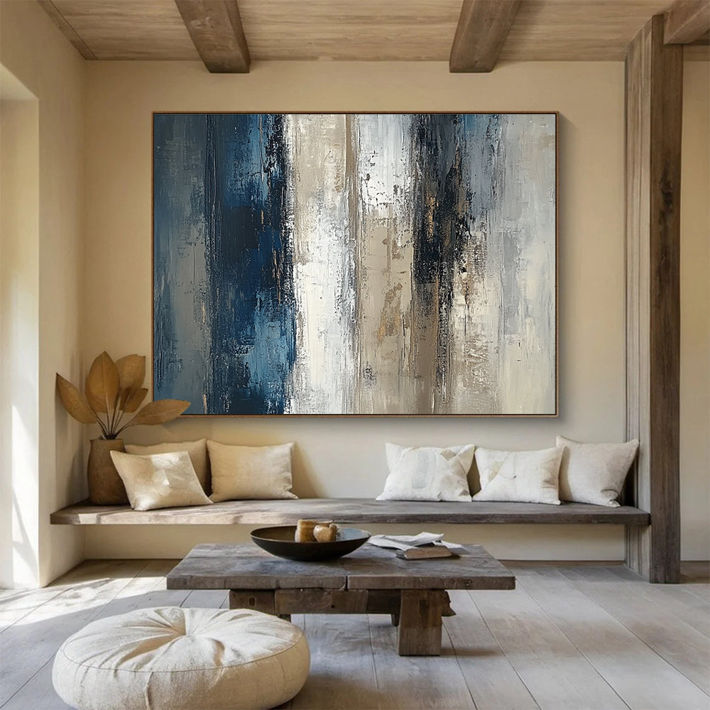 Abstract oil painting of a textured vertical wall featuring neutral tones with blue and brown accents on a beige grey and white canvas.SC121