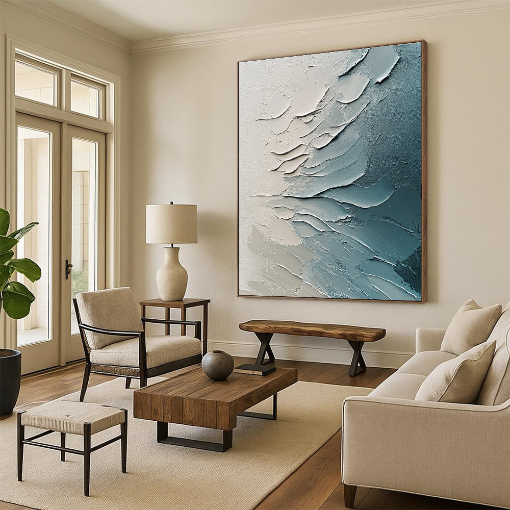 Blue Gray and White Textured Abstract Painting with Layered Brushstrokes GER648