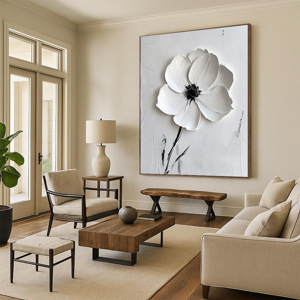 Large abstract white flower painting on canvas with textured brush strokes and elegant minimalist style in white and grey tones.STSC515