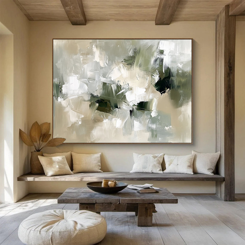Large abstract painting in neutral colors with green and white thick brush strokes and organic shapes in an impressionistic style.SC351