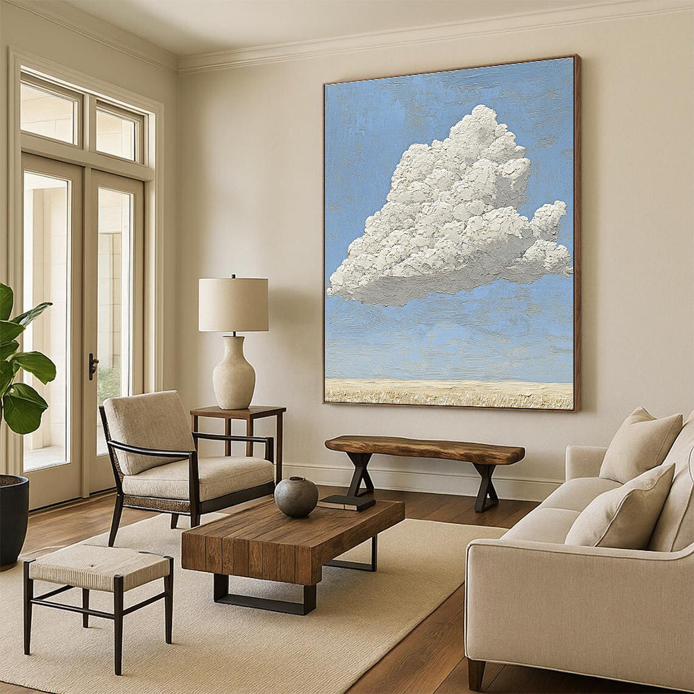 A large abstract painting featuring a textured white cloud above an empty field with soft natural light and professional color grading.STSC1035
