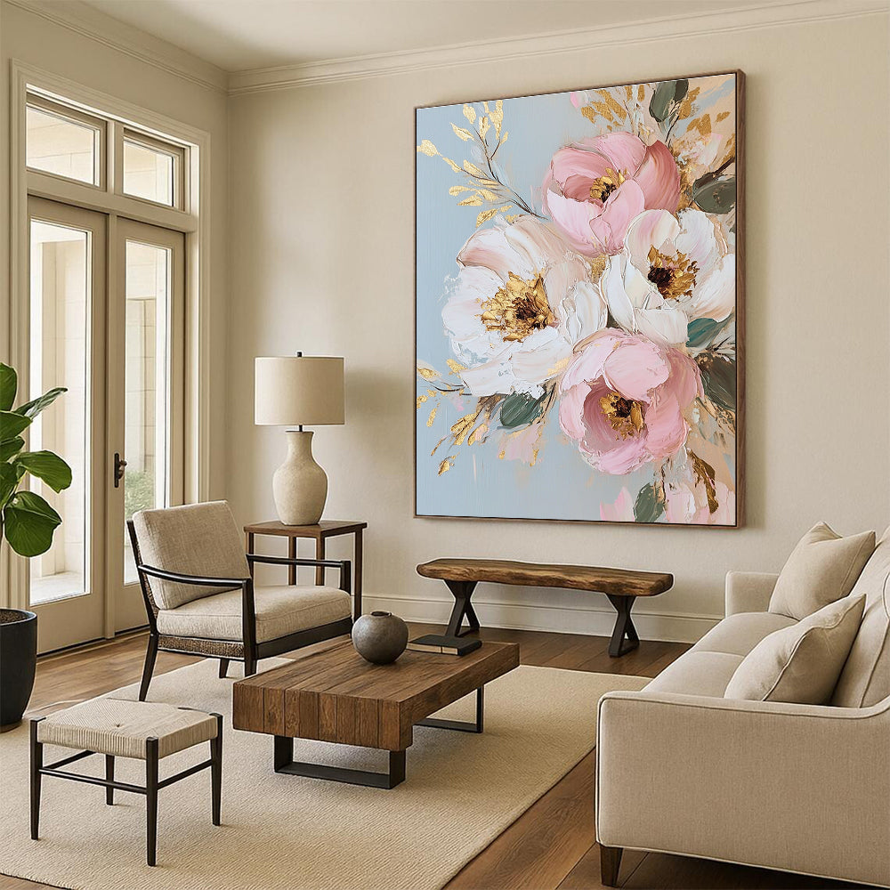 Large abstract painting featuring light pink and gold flowers on a light gray background with exquisite details and a white and cream style.STSC1375