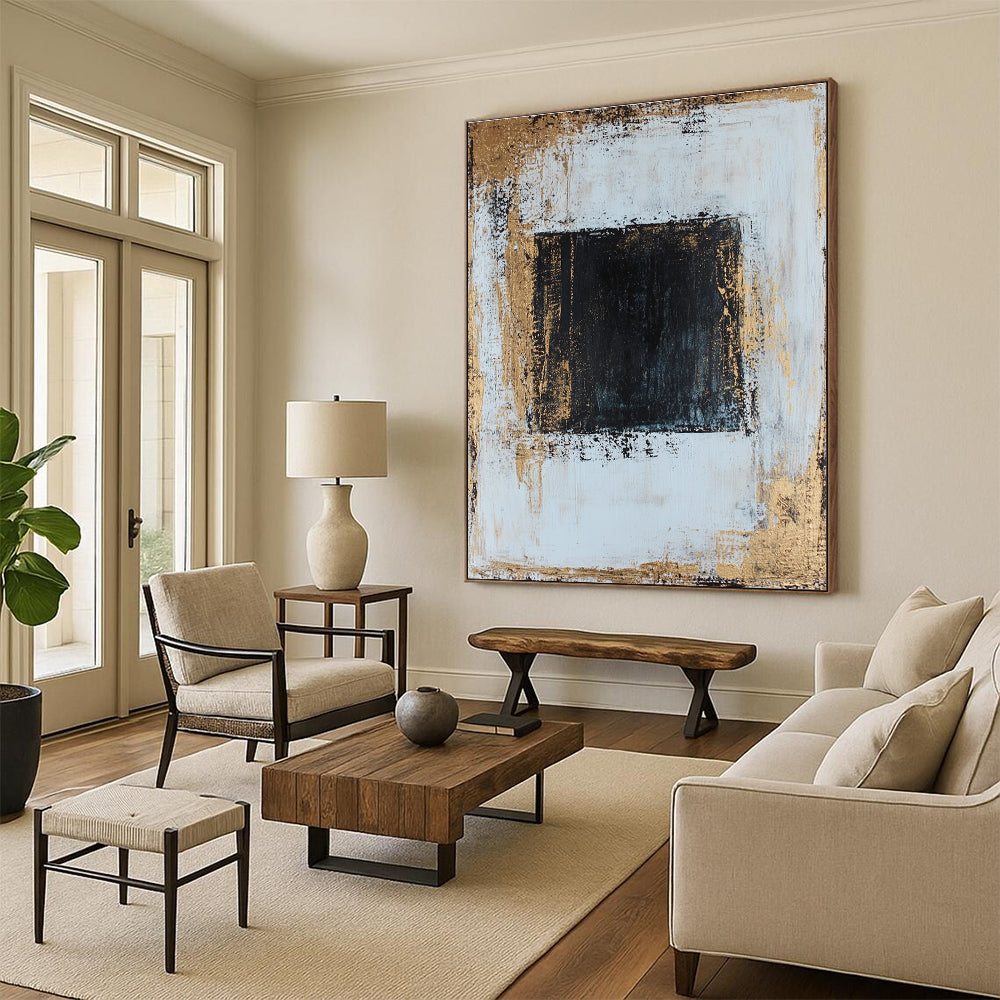 Large abstract painting in white and gold with textured canvas dark blue center perfect composition and golden ratio details.STSC382