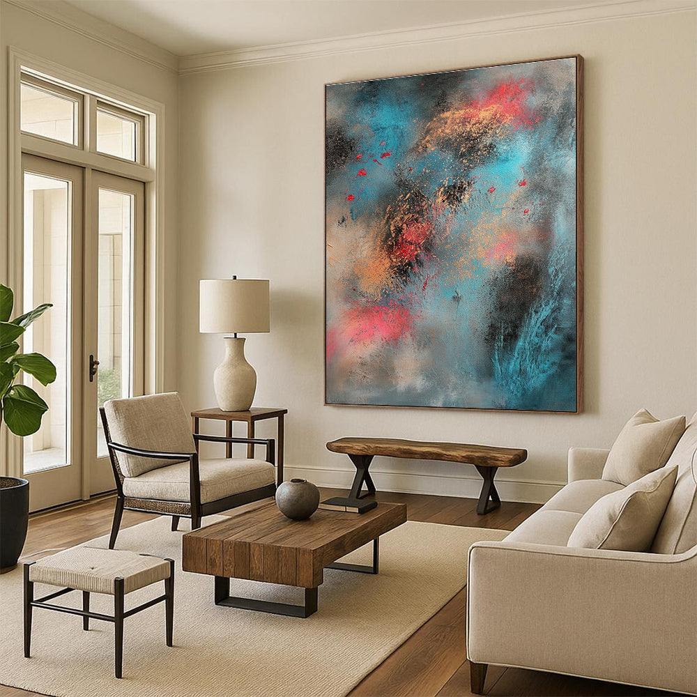 Blue Gold and Red Abstract Painting with Dynamic Splashes GER661