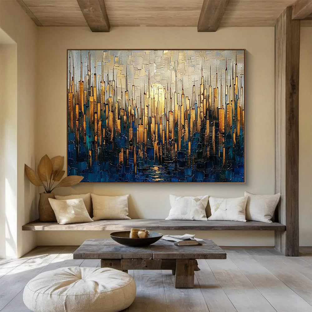 Golden City Skyline Abstract Painting with Gold, Blue, and Grey Tones THY172
