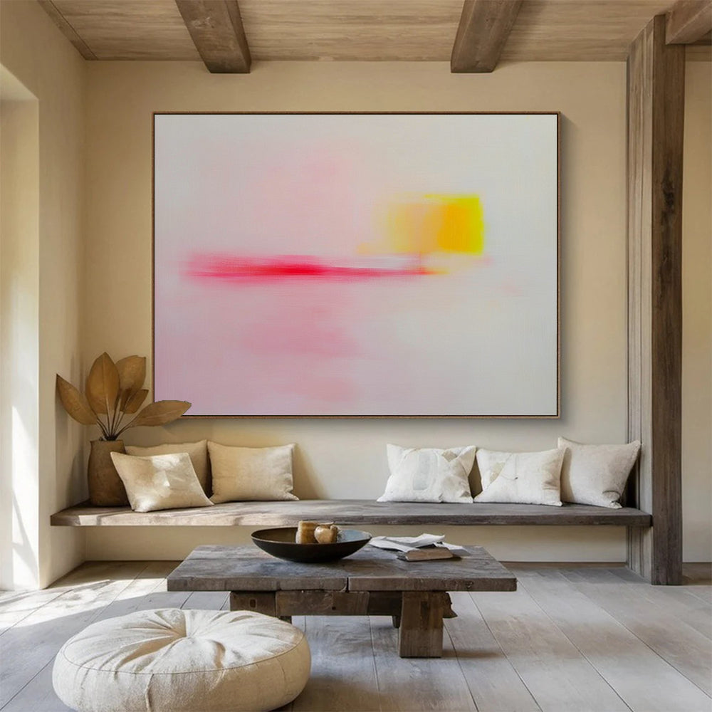 Large abstract painting with pink yellow and red soft edges on white background, emotional minimalism creating a tranquil joyful atmosphere.SC251