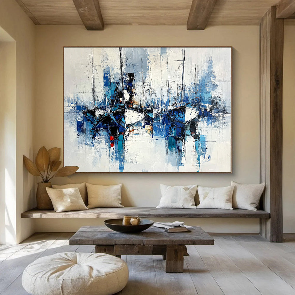 Abstract Boats Blue and White Impressionistic Painting with Textured Brushstrokes DYP191
