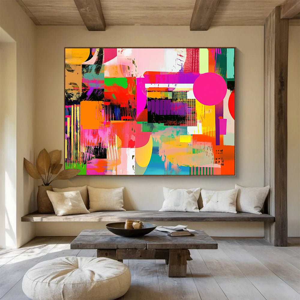 Large abstract artwork featuring vibrant colors and bold contrasts with dynamic shapes and patterns, reminiscent of pop art influences.SC461
