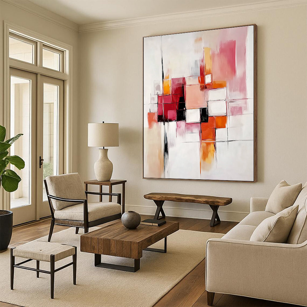 Abstract oil painting with bold brush strokes and geometric shapes in light pink, orange, red, white, grey, and beige on a white background.STSC582