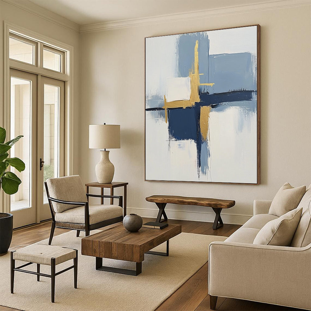 Blue and Gold Abstract Painting with Geometric Forms GER566