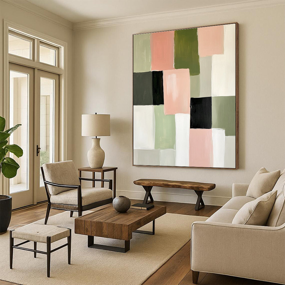 Abstract painting featuring soft pink green and white blocks of color creating an elegant minimalist composition perfect for modern decor.STSC448