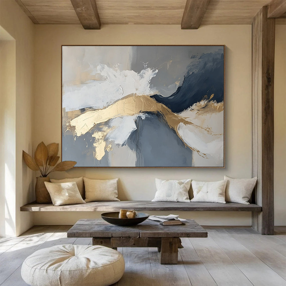 Large abstract painting in gray and white with gold accents, atmospheric and moody, featuring intricate details.SC140
