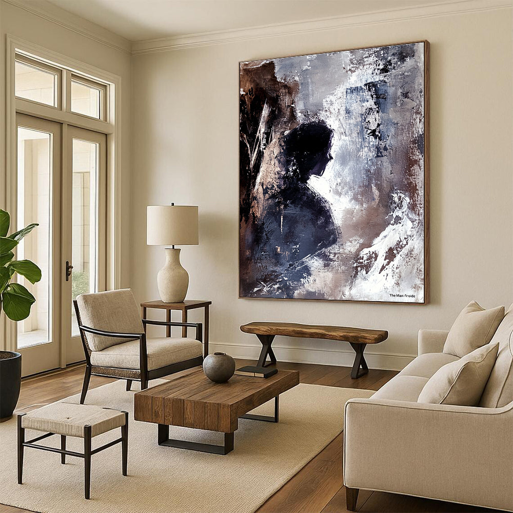 Large abstract painting of an ancient cave interior featuring a human figure in profile with strong brushstrokes conveying depth tension and mystery.STSC340