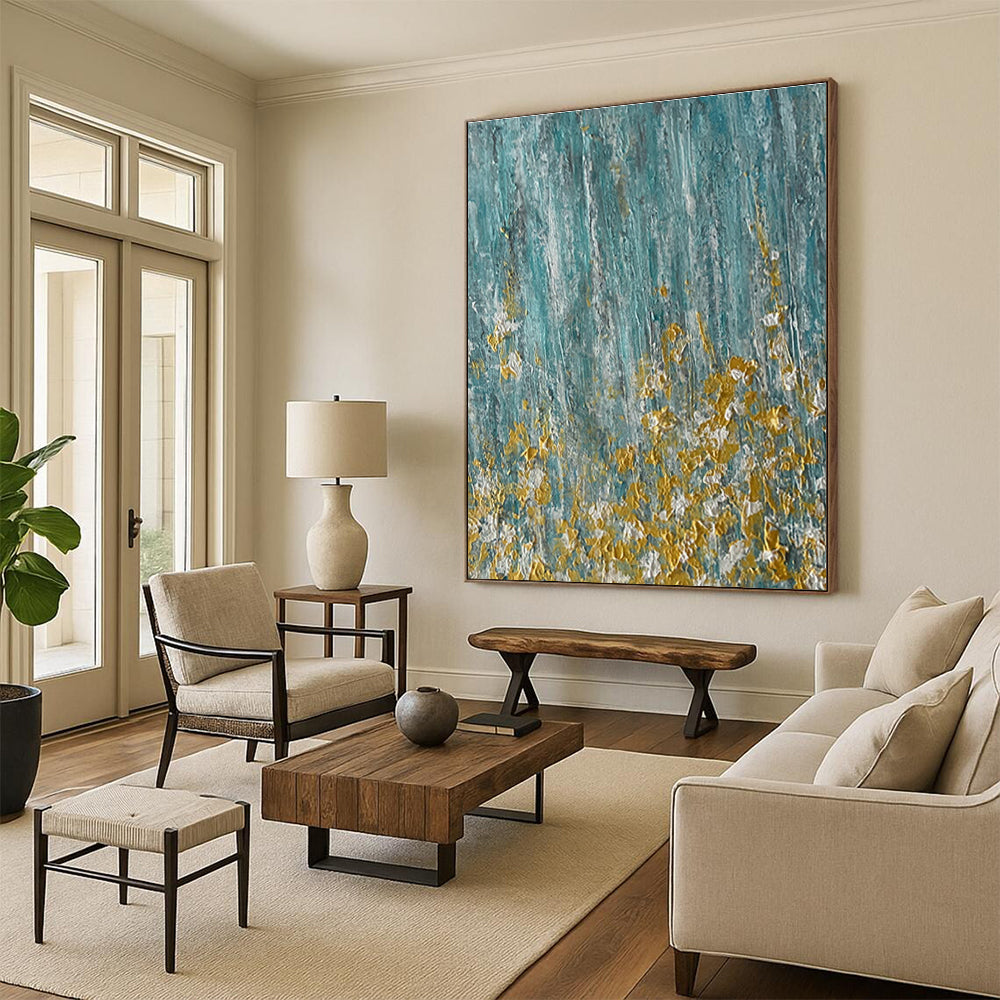 Turquoise - Gold Abstract Painting with Speckled Details ADGE462