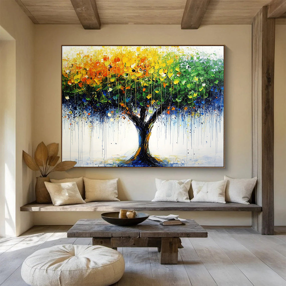 Large abstract tree painting featuring bold green yellow and blue brush strokes with distant trees and raindrop-dotted leaves on a vibrant summer day.SC285