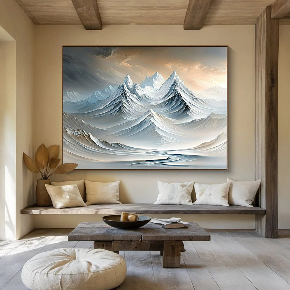 Surreal Snowy Peaks Dreamlike Abstract Painting with Soft White and Blue Tones DYP609