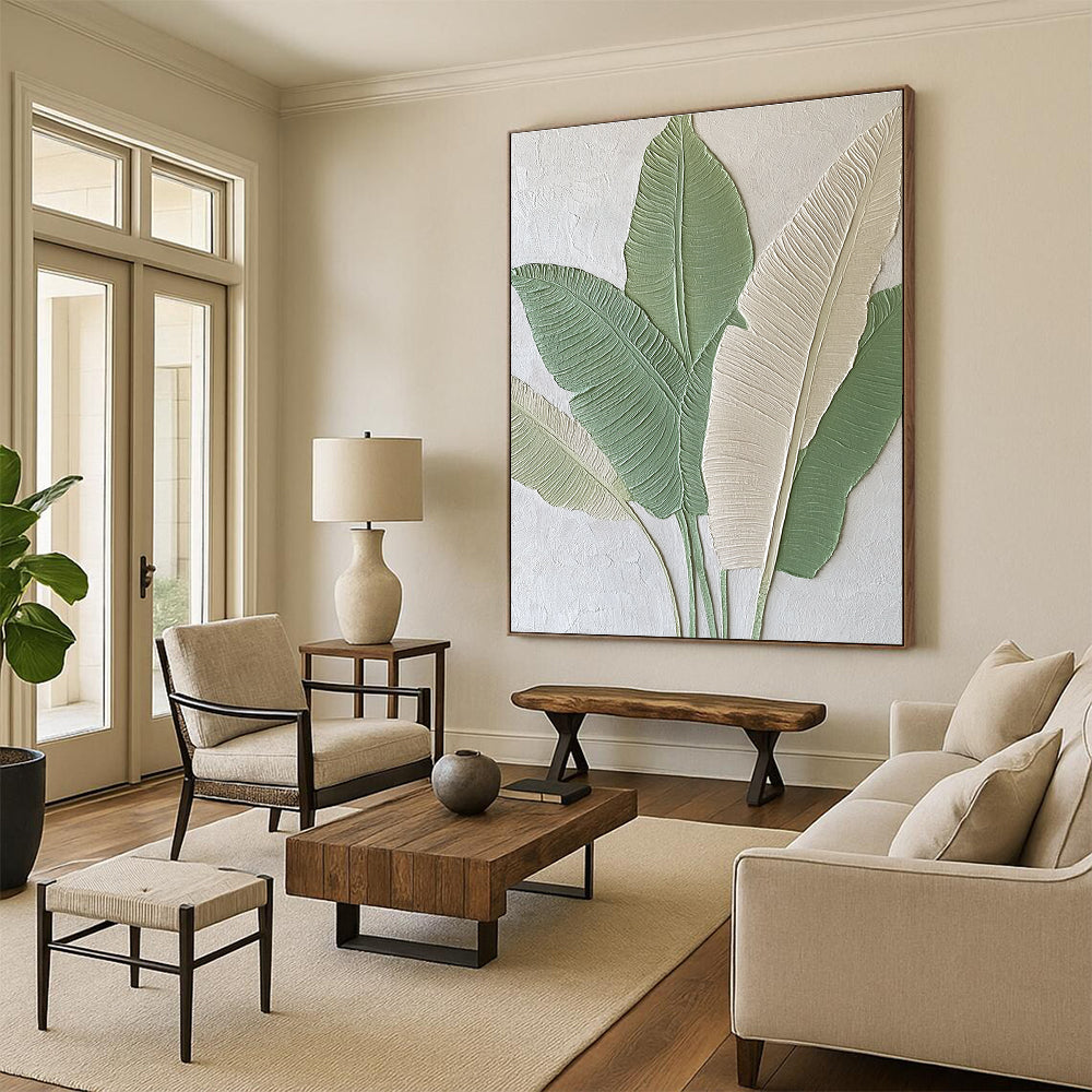 Large Abstract Painting Featuring Embossed Banana Leaves in Light Green and Beige Tones Ideal for Modern Home Decor.STSC001