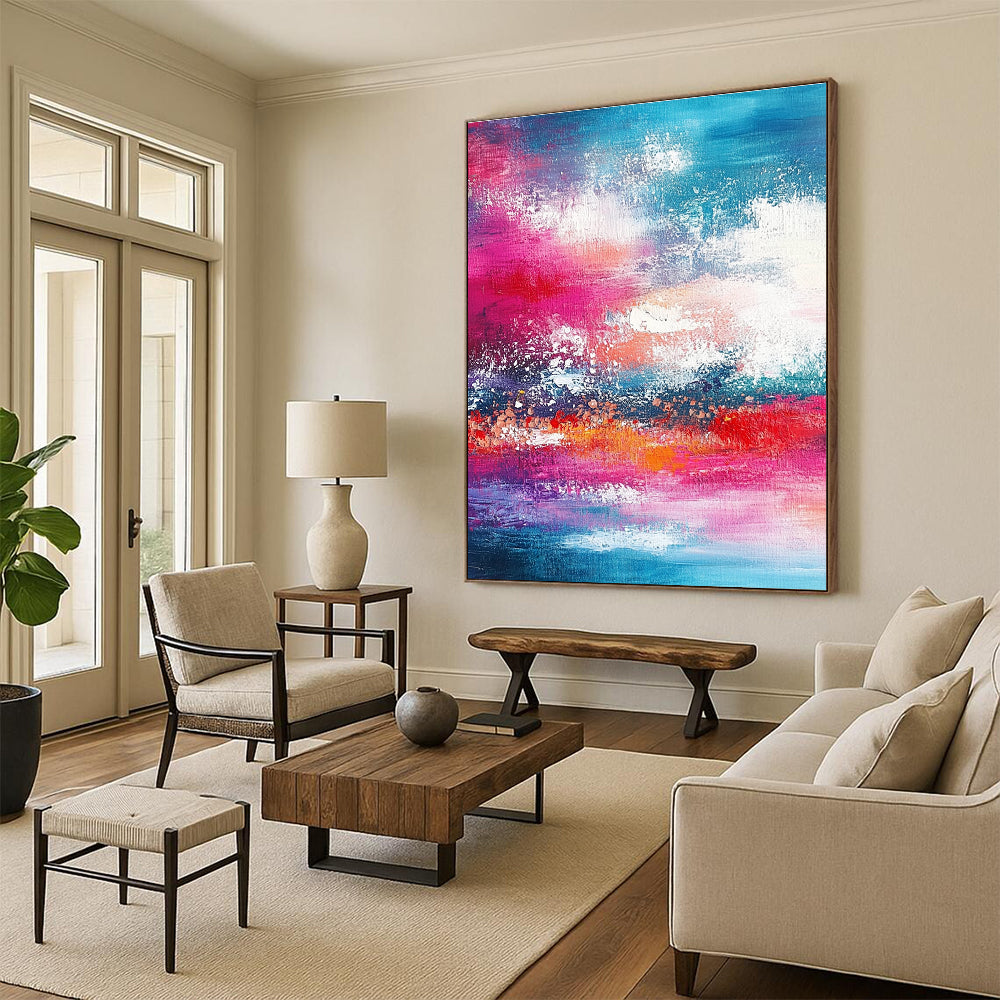 Large abstract painting featuring shades of red pink and teal with bold brush strokes of sky and sea in the background.STSC116