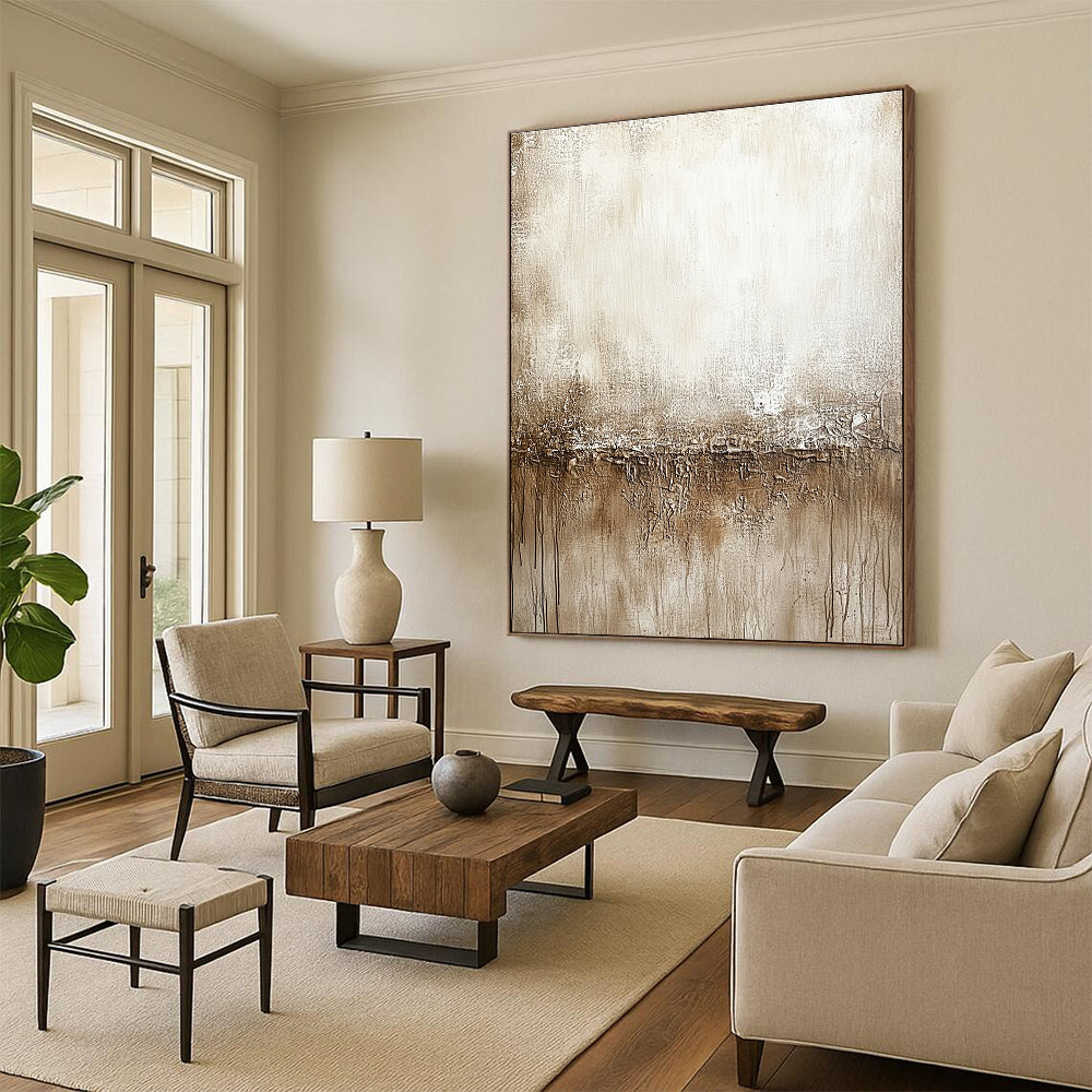 Large abstract painting featuring a neutral tone palette of beige and gray with distressed textures for a calming wall decor.STSC137