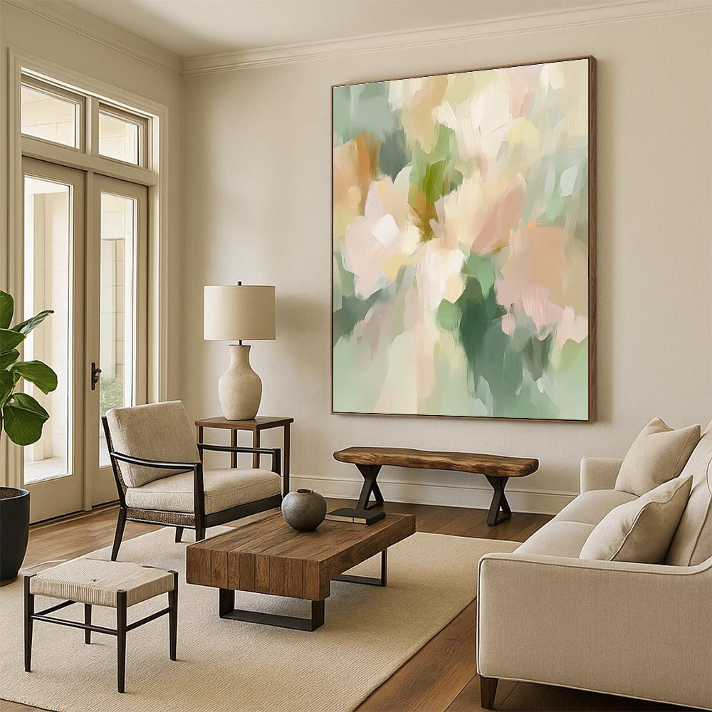 Light Green and Pastel Flower Abstract Painting with Dreamy Tones GER414