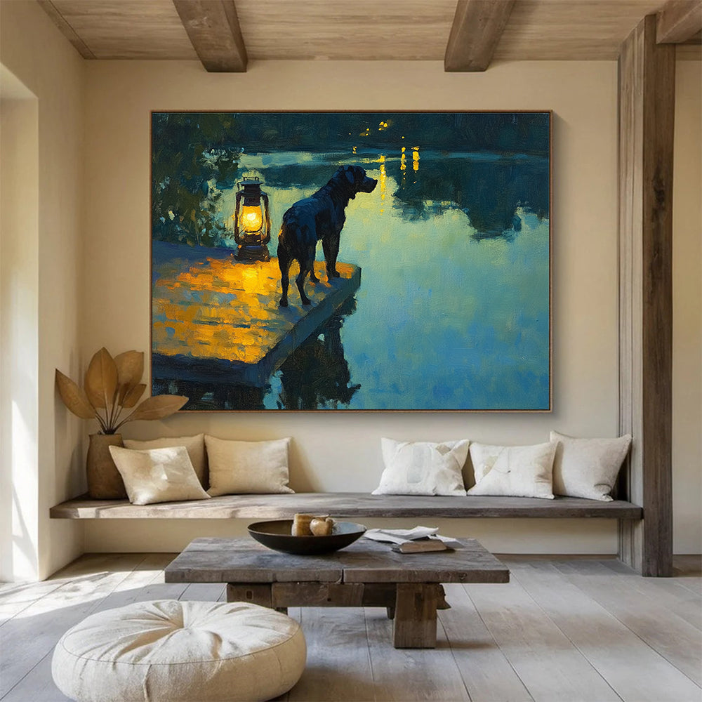 Large abstract painting featuring a black dog on a dock with a lantern reflecting on a lake at dusk in Impressionist style.SC597