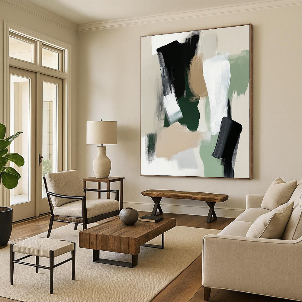 Large abstract painting featuring sage green white and black tones with soft edges and minimalistic brush strokes in a modern art style.STSC791