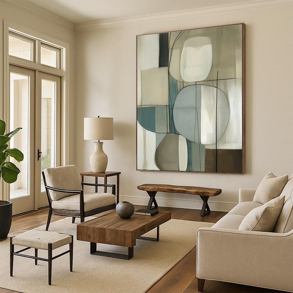 Large abstract painting with geometric forms in soft beige and cream shades featuring smooth textures and elegant negative space.STSC1321
