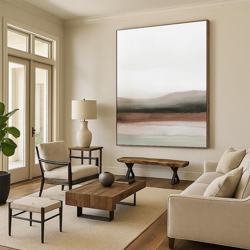 Abstract painting in pastel colors depicting a serene horizon with light gray skies and calm water, and brown desert landscapes blend.STSC1230