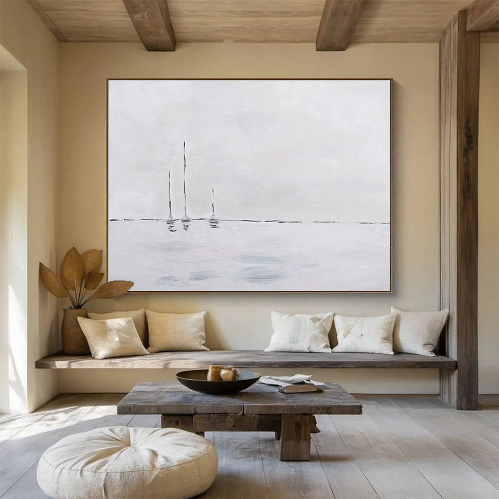 Minimalist Sailboats Abstract Painting with Monochromatic Palette THY263