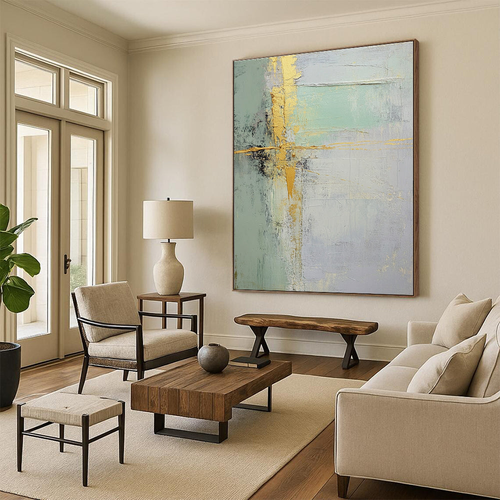 Green Gold and Gray Abstract Painting with Refined Textures GER529
