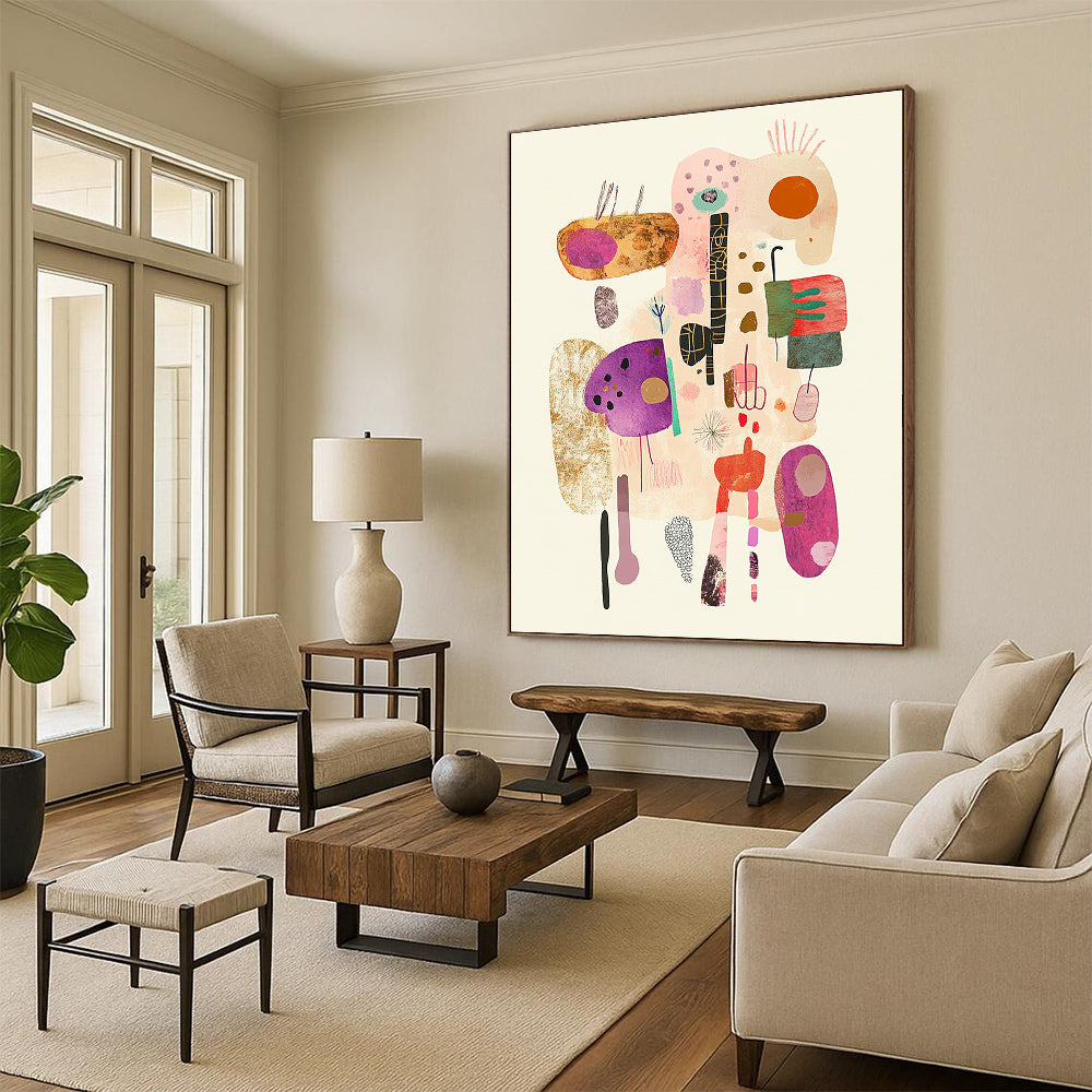 Large abstract illustration featuring soft pastel colors and simple line drawings with whimsical hand-drawn elements on a textured white background.STSC1322