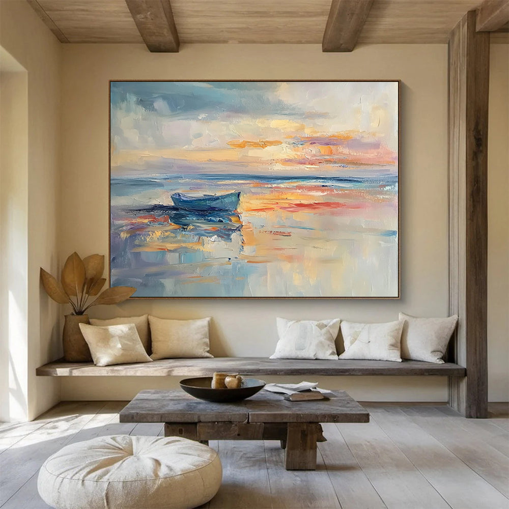 Large abstract painting of the sea featuring calming sunset colors on the horizon perfect for enhancing any space.SC133
