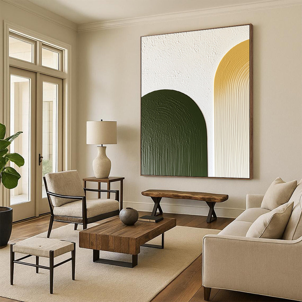 Abstract artwork featuring olive green and mustard yellow half-arches on a textured white wall with minimalist simple lines.STSC964