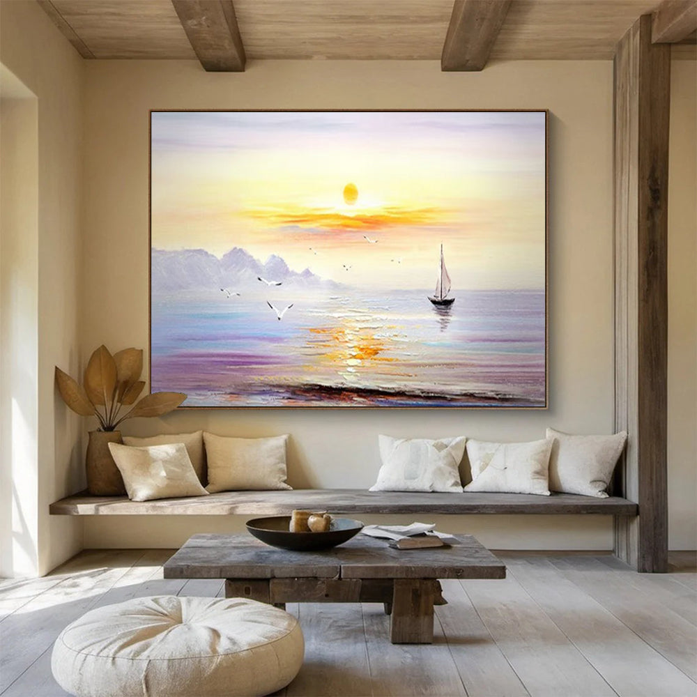 Sunset Sea Sail Abstract Painting with Orange, Purple, and Blue Tones THY181