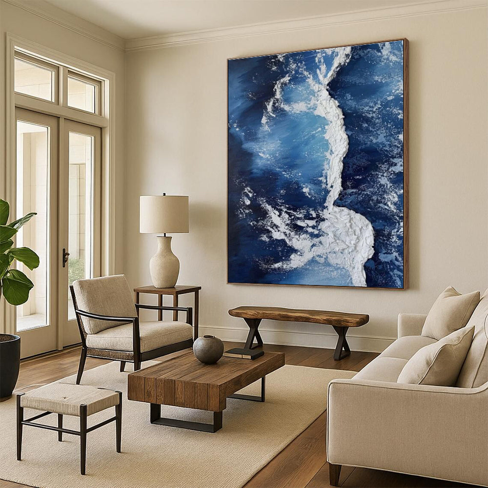 Blue and White Wave Abstract Painting with Thick Textures ADGE335