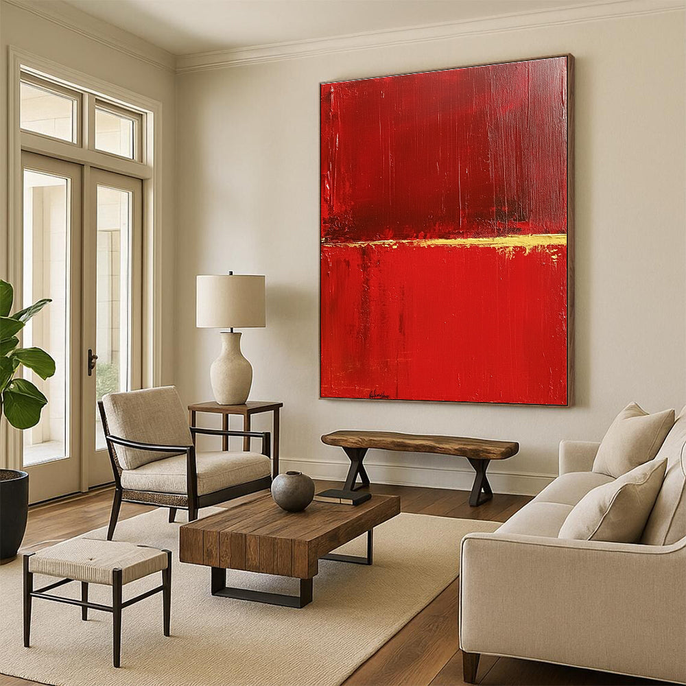 Large abstract painting featuring a red background with a central yellow line evoking lightness and depth in a minimalist style.STSC459