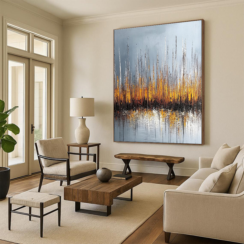 Large abstract painting of silver and gold reeds with reflections on water set against a muted gray background.STSC330